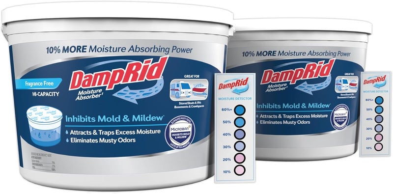 DampRid Hi-Capacity Moisture Absorber Bucket, Fragrance Free, 2 lb. 15.5 oz. & Moisture Detection Strip (2 Pack), Attracts & Traps Excess Moisture - Image 1